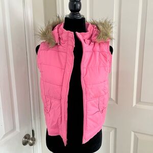Pink Puffer Vest with Faux Fur Hood